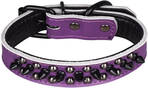 Miniatura 24 de Serijoars Collares ajustables de cuero genuino con tachuelas para mascotas pequeñas, medianas y grandes, Pit Bull, Bulldog, Pugs, Husky (M, morado)