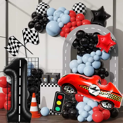 Miniatura 3 de Decoraciones de cumpleaños de carreras de 1 año, globos rojos grandes de coche de carreras de 40 pulgadas, globo negro número 1, globo a cuadros