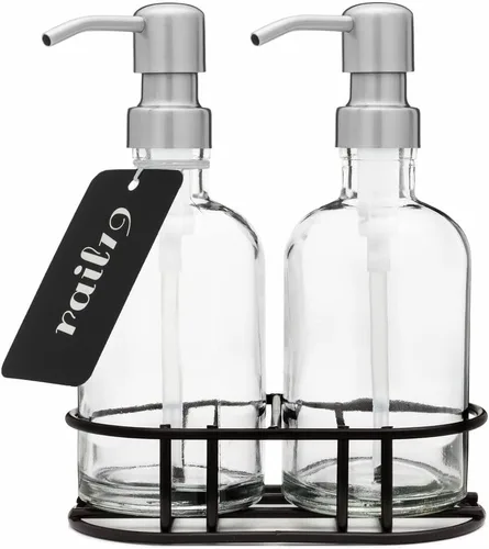 Miniatura 7 de Rail19 Juego de dispensador de jabón y mano de vidrio con bomba de metal, incluye organizador de metal, 8 onzas (latón antiguo)