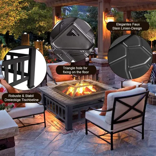 Miniatura 3 de Mesa portátil para fogata de 32 pulgadas, chimenea cuadrada multiusos para exteriores, chimeneas de metal para exteriores con marco de acero fuerte