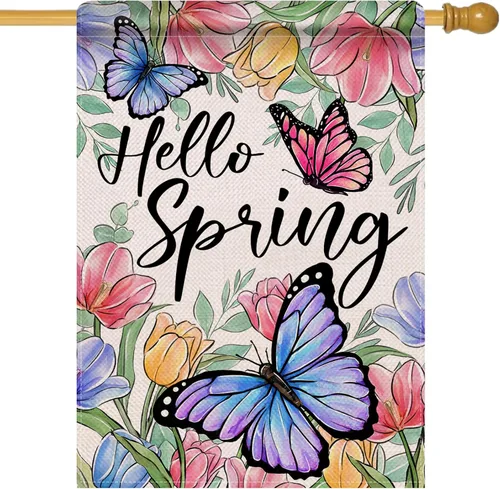 Miniatura 14 de Artofy Bandera decorativa pequeña de jardín con flores de geranio para primavera y verano, decoración exterior de arpillera de temporada, decoración