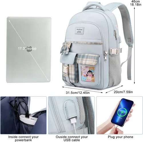 Miniatura 6 de kadilong Mochila de 17.3 pulgadas para niñas adolescentes, bonita mochila para escuela secundaria, universidad, laptop, para mujeres, mochila Azul