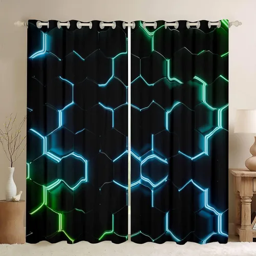Miniatura 70 de Feelyou - Cortinas de ventana en forma de panal, tema geométrico hexagonal con luces de neón verdes, para chicos adolescentes y hombres, elegante