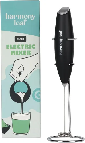 Harmony Leaf Espumador de leche de mano, mezclador eléctrico de bebidas de acero inoxidable con soporte, espumador de café a pilas para lattes,