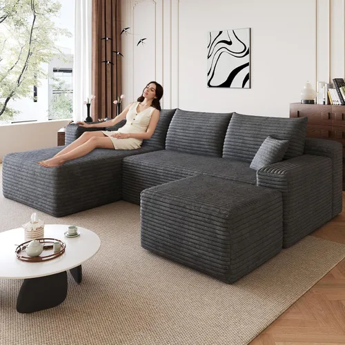 Miniatura 12 de Sofá modular de 95 pulgadas con otomana, moderno sofá nube de pana con asiento profundo, sofá sin hueso tapizado de 3 plazas en forma de U para sala