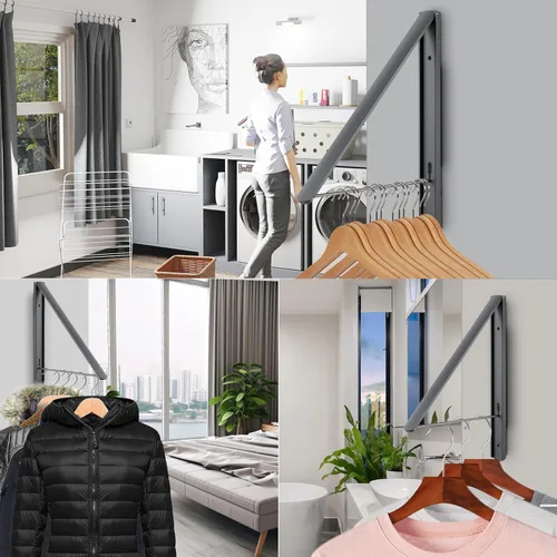 Miniatura 5 de Estante de secado de ropa plegable, colgador de ropa retráctil montado en la pared, 0.43 pulgadas de grosor, ahorro de espacio, organizador de Gris