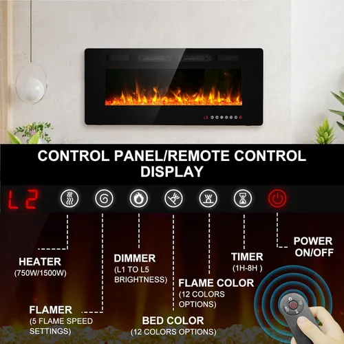 Miniatura 2 de BREEZEHEAT Inserto de chimenea eléctrica ultrafino de 42 pulgadas, certificado ETL, empotrado/montaje en pared, llama 3D con cristal, control remoto