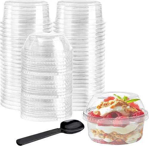 WUWEOT Paquete de 50 cuencos de Acai con tapas, recipientes de plástico transparente de 12 onzas para postre, vasos de yogur PET con tapa (sin