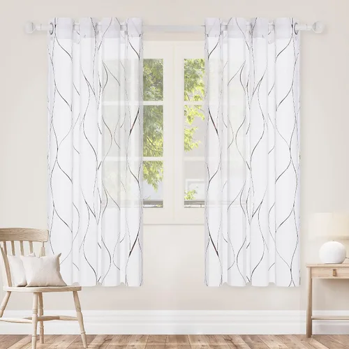 Miniatura 2 de Deconovo - Cortinas translúcidas con patrón de ondas impresas en lámina de aluminio, con aspecto de lino, juego de 2 paneles de cortinas de gasa