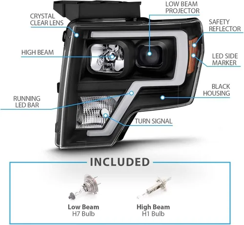 Miniatura 6 de AmeriLite para camioneta Ford F150 2009-2014, juego de faros delanteros LED de barra cuadrada, proyector halógeno negro, haz alto/bajo incluido