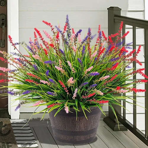 Miniatura 14 de Flores artificiales para decoración al aire libre, 12 paquetes de hierba falsa de mono para el hogar, jardín, porche, balcón, flores de lavanda