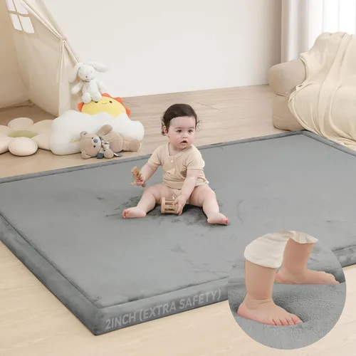 Miniatura 23 de Huloo Sleep - Tapete de juego para bebé, tapete de espuma viscoelástica de 1.3 pulgadas de grosor, terciopelo coral suave, antideslizante, Gris