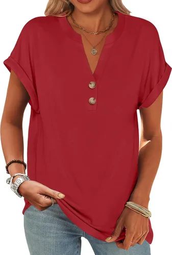 Miniatura 23 de ANRABESS - Camisetas Henley de manga corta para mujer, cuello en V, elegantes, estilo informal, de corte suelto; blusas fluidas de verano, ropa