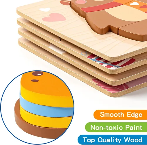 Miniatura 7 de Rompecabezas de madera para niños pequeños de 1 a 3 años, paquete de 4 rompecabezas de madera con diseño de animales, regalo de cumpleaños