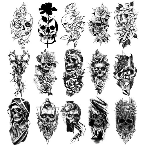 Tatuaje temporal de Halloween, 15 hojas de tatuajes temporales realistas de flores de calavera negra, tatuajes temporales para niñas y adultos
