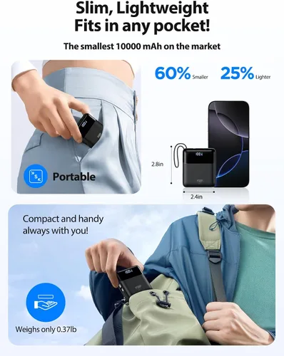 Miniatura 3 de Cargador portátil de 10000 mAh de carga rápida, batería USB C de 22.5 W con cables integrados, pequeño cargador portátil de viaje esenciales