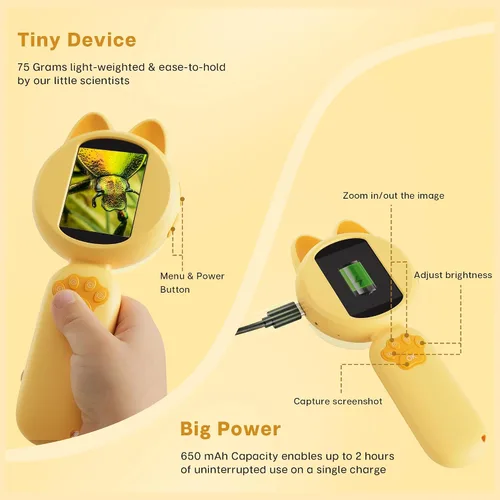 Miniatura 5 de Microscopio Mia para niños, mini microscopio digital con pantalla IPS de 2 pulgadas, kit de juguete educativo de ciencia de mano, regalos de Amarillo