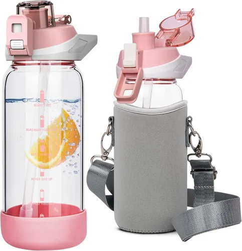 Miniatura 19 de Botella de agua deportiva de vidrio de 32 onzas con popote y marcador de tiempo, botella de vidrio motivacional reutilizable grande para agua Rosa