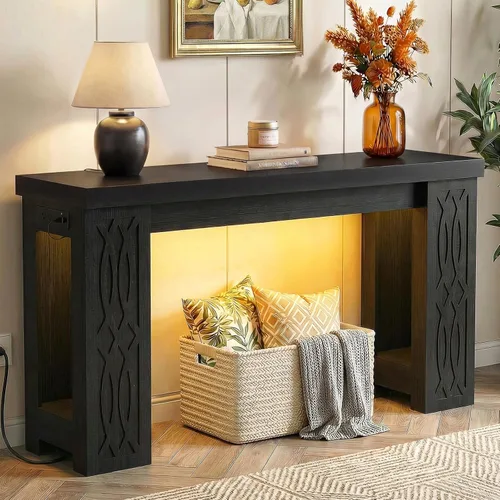 Cyclysio Mesa consola de 47 pulgadas con tomacorriente, mesa de entrada de granja con luces LED coloridas, mesa de sofá de madera con diseño tallado