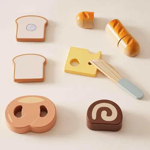 Miniatura 2 de ROBOTIME Juego de Comida de Juguete de Madera para Cortar Pan, Juguete de Comida de Simulación para Cocina de Juguete con Bolsa de Compras