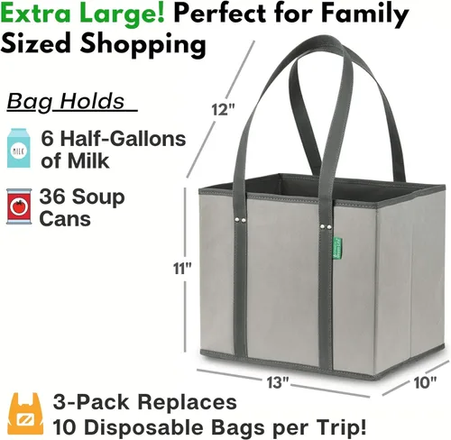 Miniatura 5 de Bolsas de la compra reutilizables (paquete de 3). Set de bolsas de calidad superior con asas extra grandes y laterales reforzados. Plegable, Gris