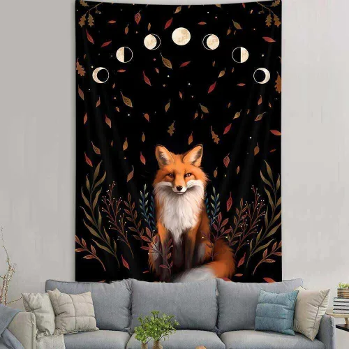 Miniatura 5 de Tapiz vertical estético de fase lunar de zorro, tapiz de tarot floral de bruja, para colgar en la pared para dormitorio, tapiz de hojas de arce