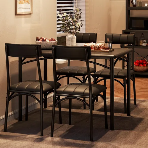 Mesa de cocina y sillas para 4, juego de comedor rectangular con sillas tapizadas, perfecto para espacios pequeños, color negro rústico