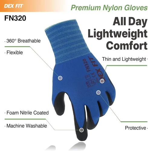 Miniatura 4 de DEX FIT Guantes de trabajo de nitrilo de nailon prémium FN320, 3 pares, azules, unisex, 7 (S) – duraderos, transpirables y frescos, lavables a