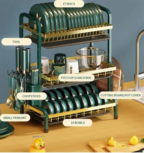 Miniatura 3 de Escurridor de platos con escurridor de 2 niveles de acero inoxidable para encimera de cocina, escurridor de platos de 3 capas, estante organizador