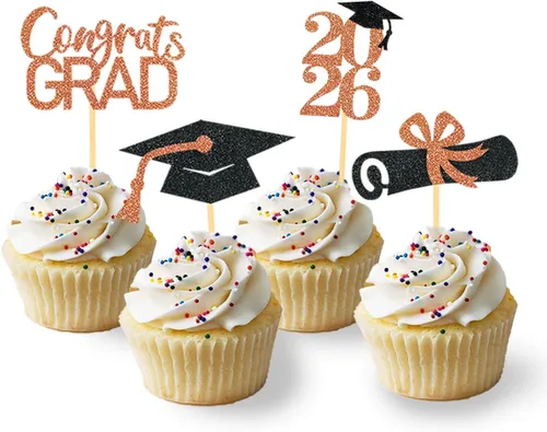 Miniatura 10 de 24 adornos de graduación para cupcakes, decoraciones de graduación negras y azules para la clase de 2026 (negro y azul)