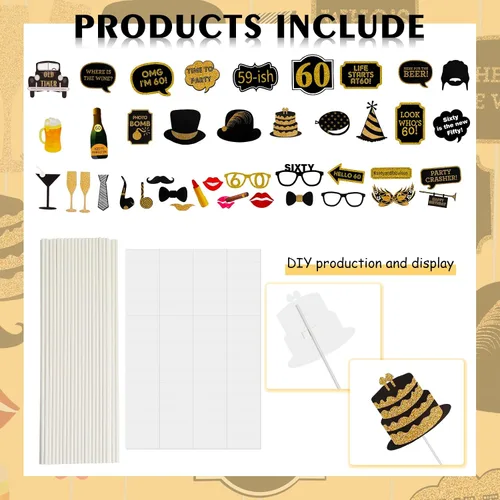 Miniatura 2 de Accesorios para cabina de fotos de cumpleaños 60 – 41 piezas de decoraciones de fiesta de cumpleaños negro y dorado para hombres y mujeres