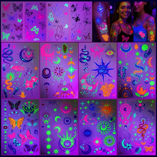 Tatuajes temporales de neón UV, 12 hojas de tatuajes de fiesta que brillan en la oscuridad para adultos y niñas, patrones de doble vibración,