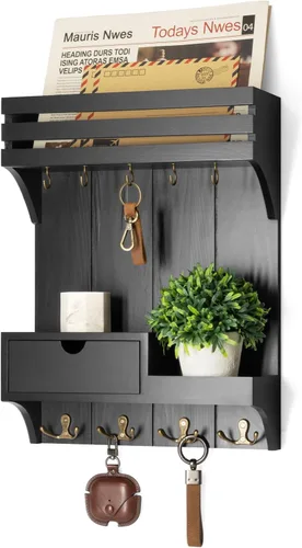Rebee Vision Moderno soporte de pared para llaves con organizador de mini cajón, organizador de correo decorativo con 9 ganchos para llaves y