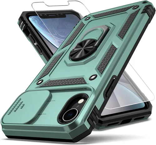 Miniatura 10 de Funda para iPhone XR, cubierta de lente de cámara deslizante integrada+soporte de anillo de dedo+protector de pantalla, funda protectora de cuerpo