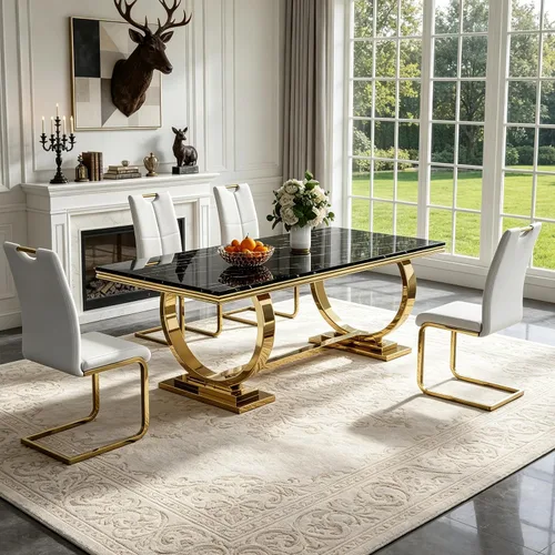 Miniatura 22 de 5 Piece Black Marble Dining Table Set for 4, Modern Faux Marble Kitchen Dining Room Tables with 4 Leather Chairs Set, 68.11" Luxury Rectangular