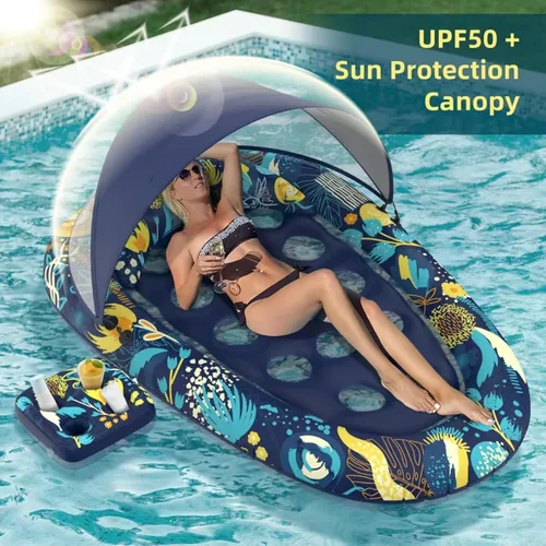 Miniatura 2 de Sunikko X Flotadores de piscina 3 en 1 con soporte para toldo, flotadores grandes de 73 x 48 pulgadas para adultos, resistente, tumbona inflable