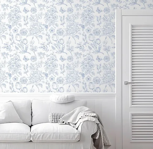 Miniatura 4 de CiCiwind Papel tapiz floral despegar y pegar, papel de contacto azul y blanco, bohemio moderno autoadhesivo removible para baño dormitorio