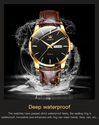 Miniatura 6 de OLEVS Reloj para hombres cronógrafo marrón cuero oro caso analógico cuarzo moda negocios vestido grande hombres reloj día fecha luminoso impermeable