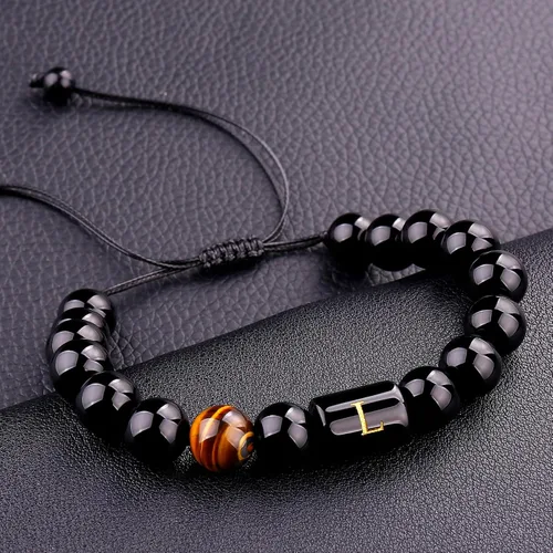 Miniatura 58 de SUMMER LOVE Regalos para el Día del Padre, pulsera con inicial de piedra de ónix negro de 0.394 pulgadas para hombres, pulsera de cuerda trenzada
