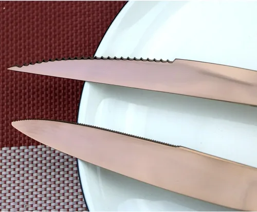 Miniatura 5 de Juego de cubiertos de acero inoxidable pulido de oro rosa, cuchillo de carne, tenedor, tenedor de ensalada, cuchara de postre, 24 piezas, servicio