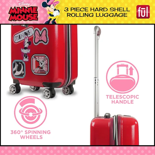 Miniatura 6 de FUL Disney Minnie Mouse Patchwork - Juego de equipaje con ruedas de 3 piezas, maleta rígida con ruedas, 21, 25 y 29 pulgadas, color rojo, Rojo