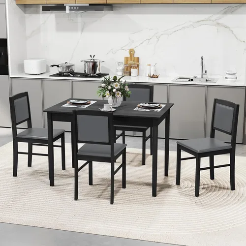 Miniatura 3 de Tangkula - Juego de mesa de comedor para 4, juego de comedor de madera maciza estilo granja con patas de madera de goma, asiento tapizado y respaldo