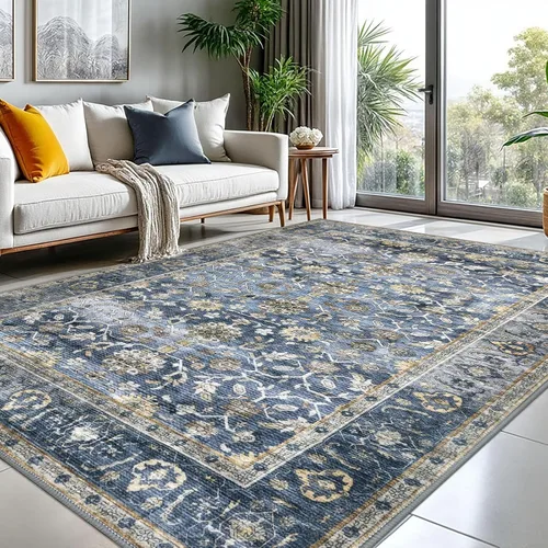 Miniatura 50 de KUTA Alfombras vintage de 2 x 3 pies para entrada, antideslizantes, lavables, tapete para puerta de interior con estampado floral, azul, gris, Azul