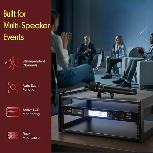 Miniatura 3 de Pyle Sistema de micrófono inalámbrico UHF de 8 canales con 4 micrófonos de mano, 4 Lavalier y 4 micrófonos de auriculares, rango de 300 pies