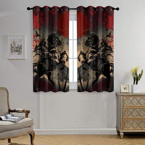 Miniatura 4 de Cortinas opacas abstractas japonesas samuráis para dormitorio, caballo samurái rústico, rojo, ojal, aislamiento térmico, cortinas de oscurecimiento