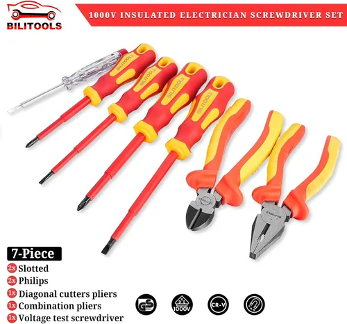 Miniatura 2 de BILITOOLS Juego de destornilladores y alicates para electricistas aislados de 1000 V - Kit de 7 herramientas eléctricas con destornilladores