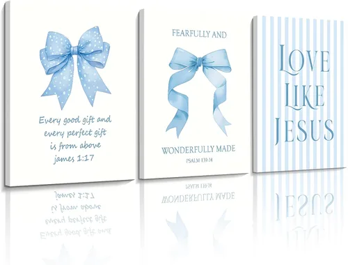 Decoración de pared de 3 piezas con lazos azul claro, decoración de pared para habitación de niña adolescente de Jesús, bonitas imágenes de
