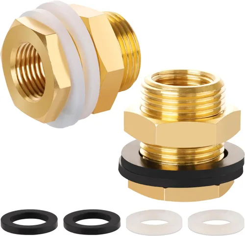 Miniatura 9 de KOOTNAS Paquete de 2 Accesorios de Mamparo de Latón Macizo, 1/2 NPT Cónico Hembra 1" Rosca Macho Recta Conector de Latón con Anillo Ondulado