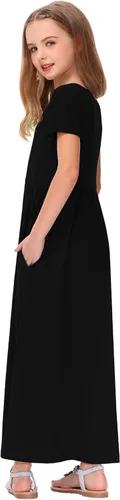Miniatura 7 de Deerose Vestido largo casual de manga corta para niñas, con bolsillos, de 5 a 14 años