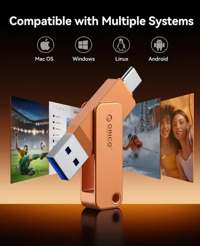 Miniatura 6 de ORICO USB 3.0 Flash Drive 150MB/S Carcasa de metal Diseño giratorio Soporte OTG Función 2 en 1 PenDrive 32GB para dispositivos USB C y USB A -EB05 O